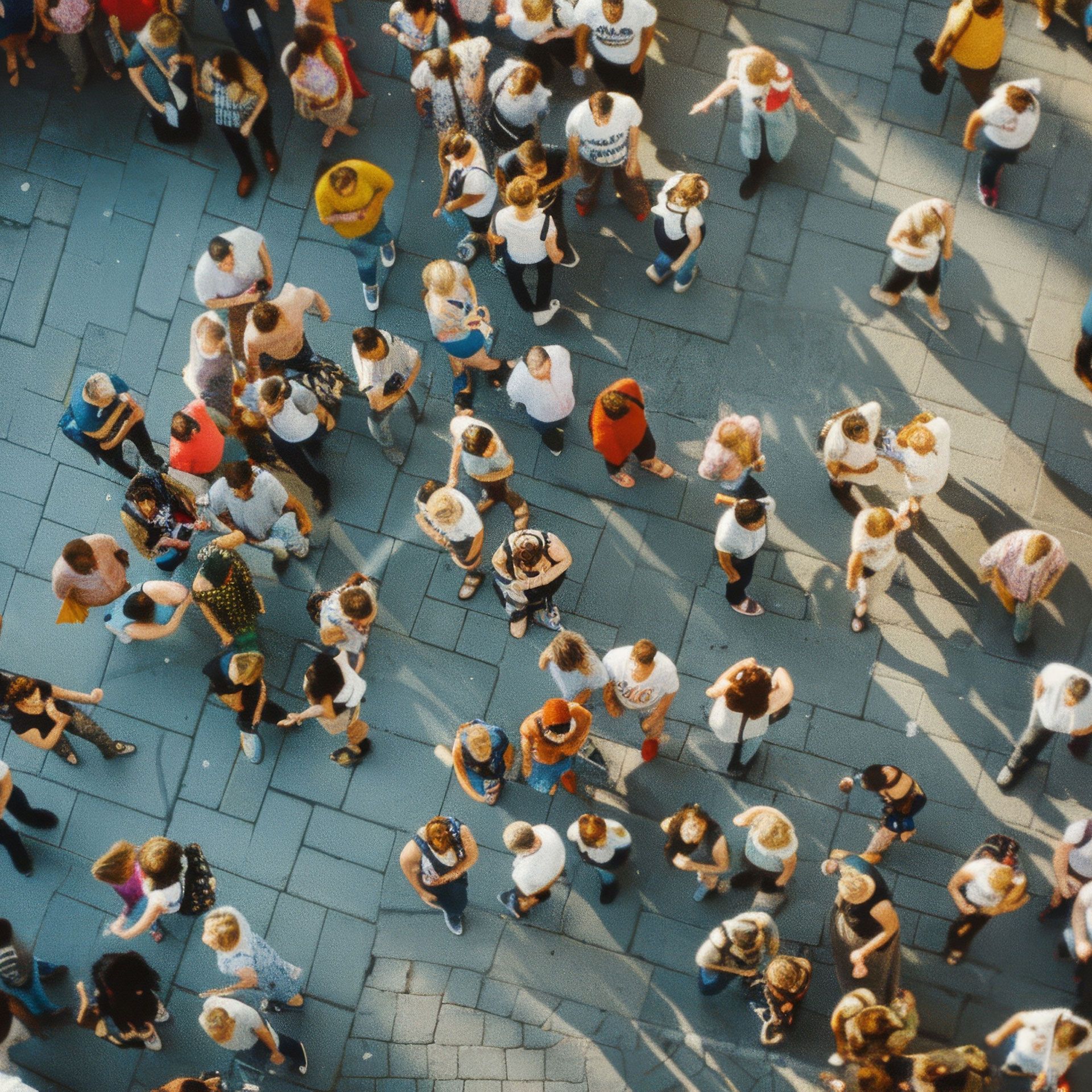 Aerial of people walking in a presinct.